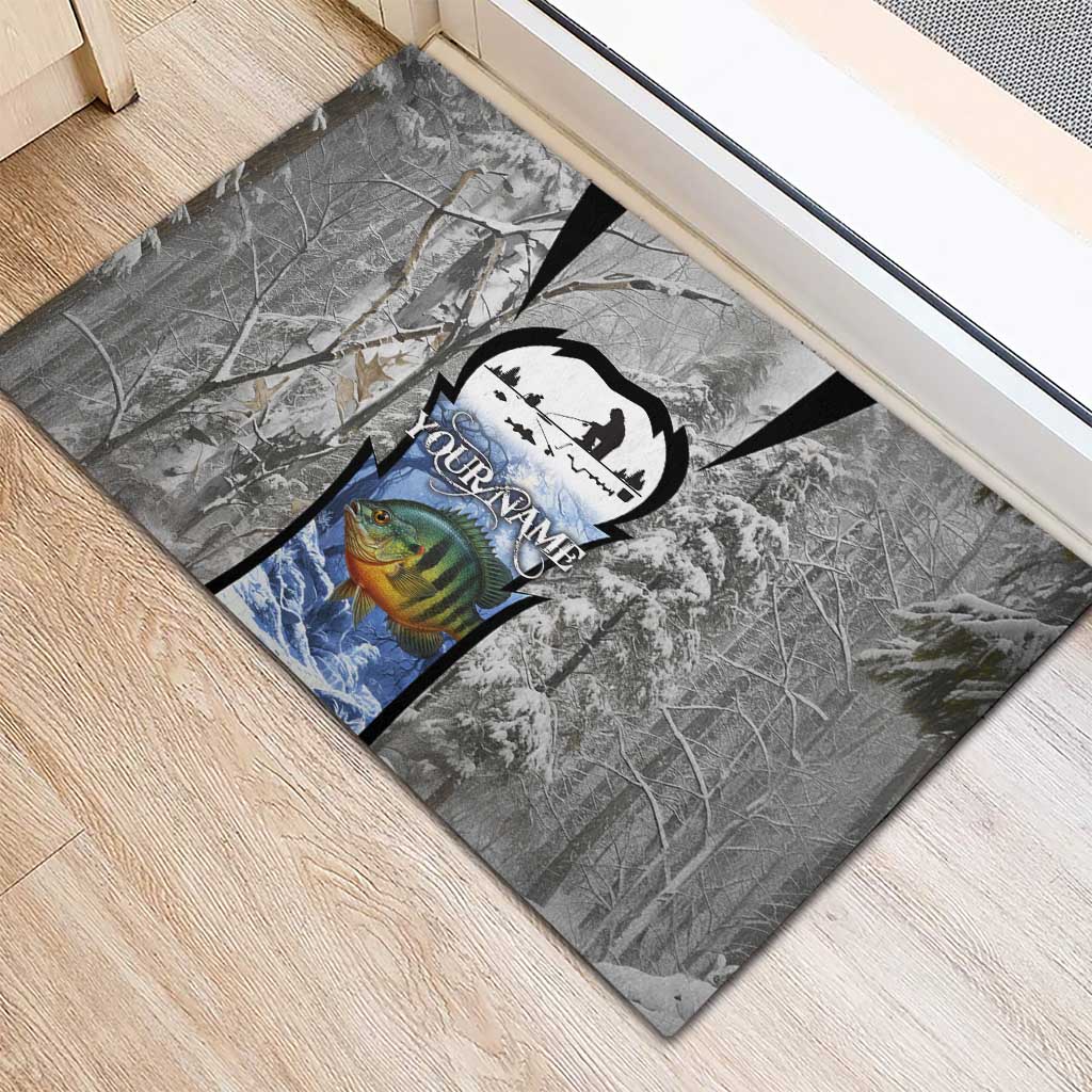 Custom Bluegill Ice Fishing Winter Camo Rubber Doormat with Snowy Forest Background Colorful Fish - Wonder Print Shop