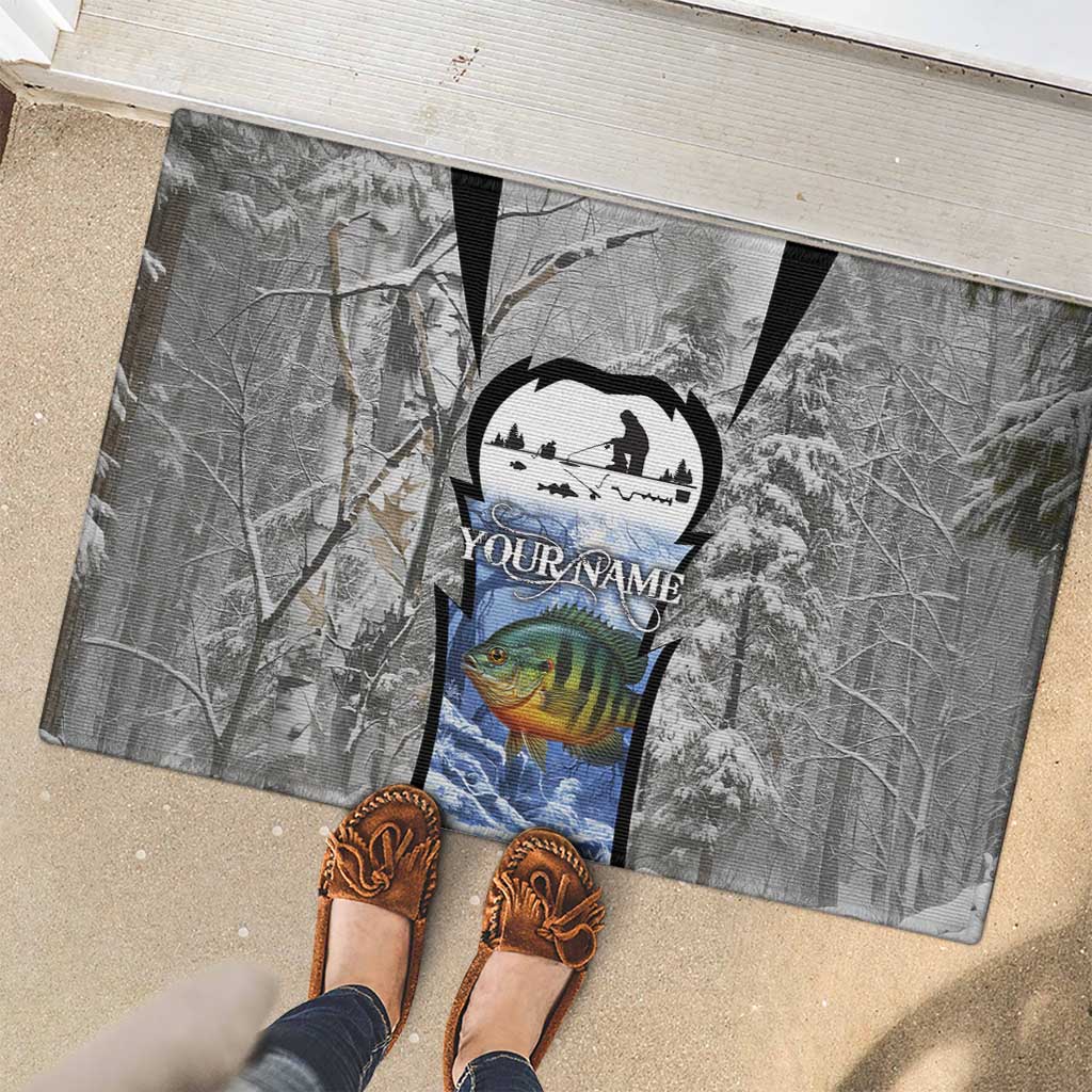 Custom Bluegill Ice Fishing Winter Camo Rubber Doormat with Snowy Forest Background Colorful Fish - Wonder Print Shop