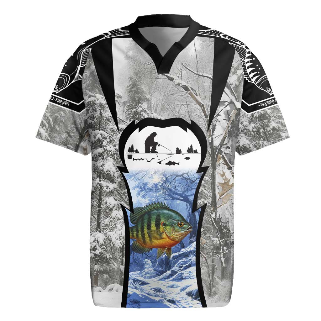 Custom Bluegill Ice Fishing Winter Camo Rugby Jersey with Snowy Forest Background Colorful Fish - Wonder Print Shop