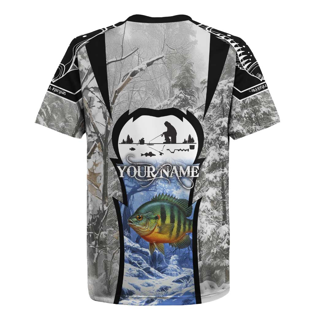 Custom Bluegill Ice Fishing Winter Camo Rugby Jersey with Snowy Forest Background Colorful Fish - Wonder Print Shop