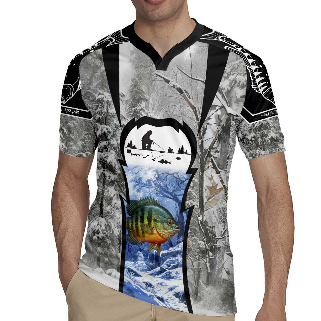 Custom Bluegill Ice Fishing Winter Camo Rugby Jersey with Snowy Forest Background Colorful Fish - Wonder Print Shop