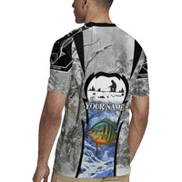 Custom Bluegill Ice Fishing Winter Camo Rugby Jersey with Snowy Forest Background Colorful Fish - Wonder Print Shop