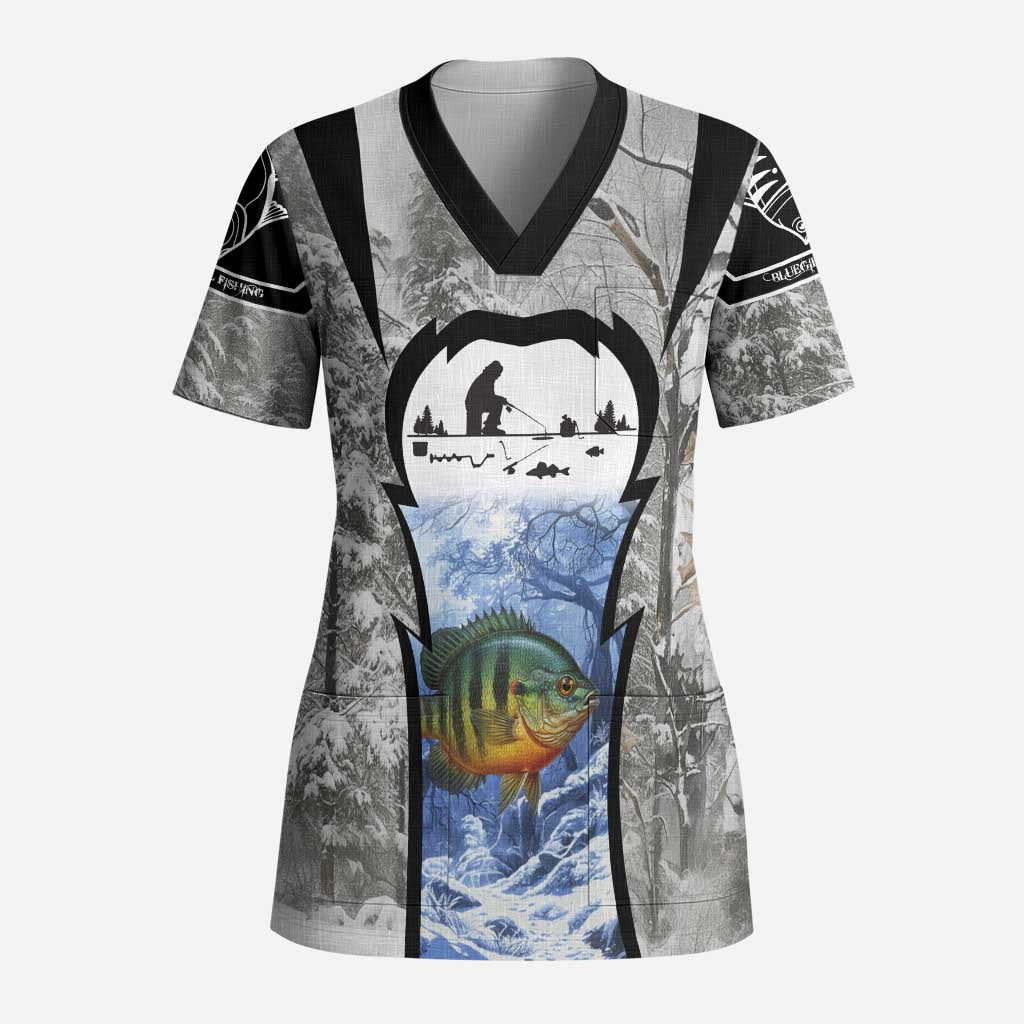 Custom Bluegill Ice Fishing Winter Camo Scrub Top with Snowy Forest Background Colorful Fish - Wonder Print Shop