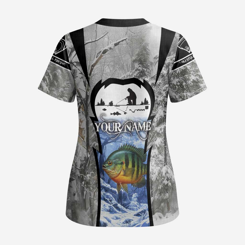 Custom Bluegill Ice Fishing Winter Camo Scrub Top with Snowy Forest Background Colorful Fish - Wonder Print Shop
