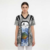 Custom Bluegill Ice Fishing Winter Camo Scrub Top with Snowy Forest Background Colorful Fish - Wonder Print Shop