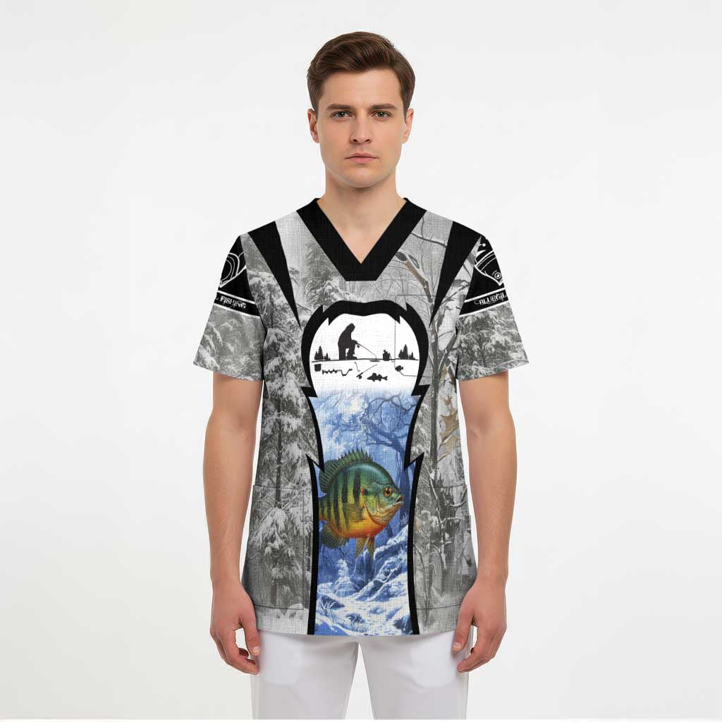 Custom Bluegill Ice Fishing Winter Camo Scrub Top with Snowy Forest Background Colorful Fish - Wonder Print Shop
