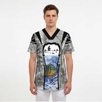 Custom Bluegill Ice Fishing Winter Camo Scrub Top with Snowy Forest Background Colorful Fish - Wonder Print Shop