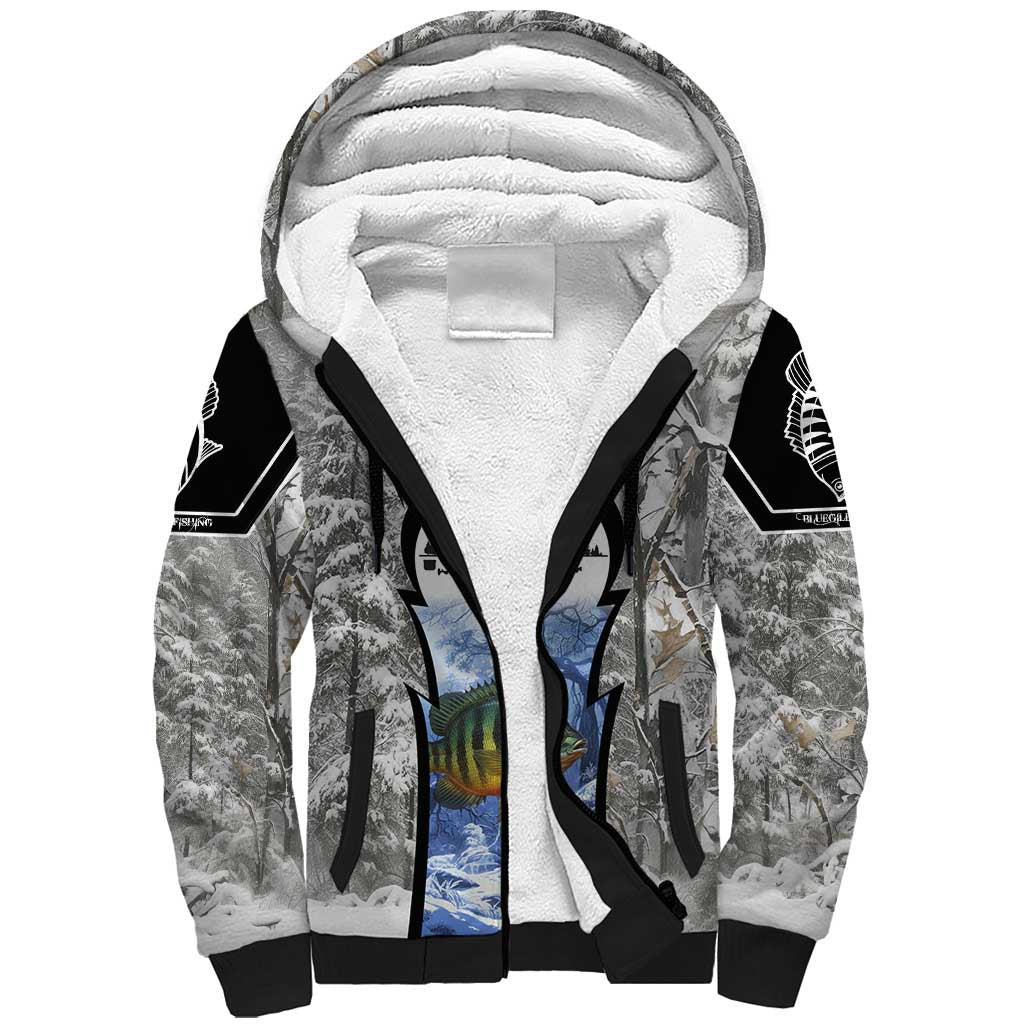Custom Bluegill Ice Fishing Winter Camo Sherpa Hoodie with Snowy Forest Background Colorful Fish - Wonder Print Shop