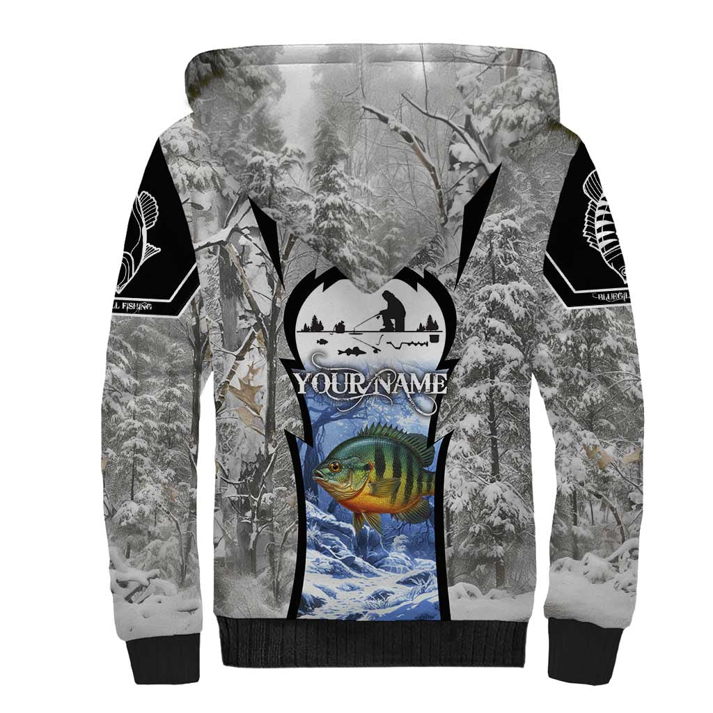 Custom Bluegill Ice Fishing Winter Camo Sherpa Hoodie with Snowy Forest Background Colorful Fish - Wonder Print Shop