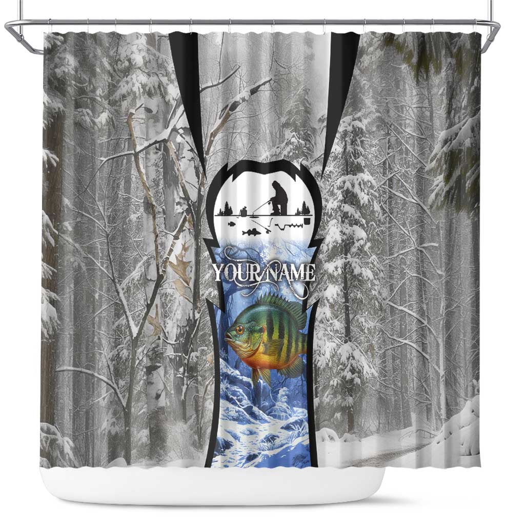 Custom Bluegill Ice Fishing Winter Camo Shower Curtain with Snowy Forest Background Colorful Fish - Wonder Print Shop