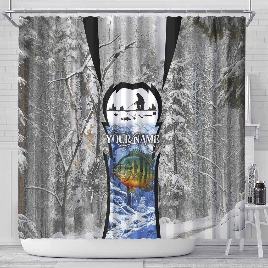 Custom Bluegill Ice Fishing Winter Camo Shower Curtain with Snowy Forest Background Colorful Fish - Wonder Print Shop