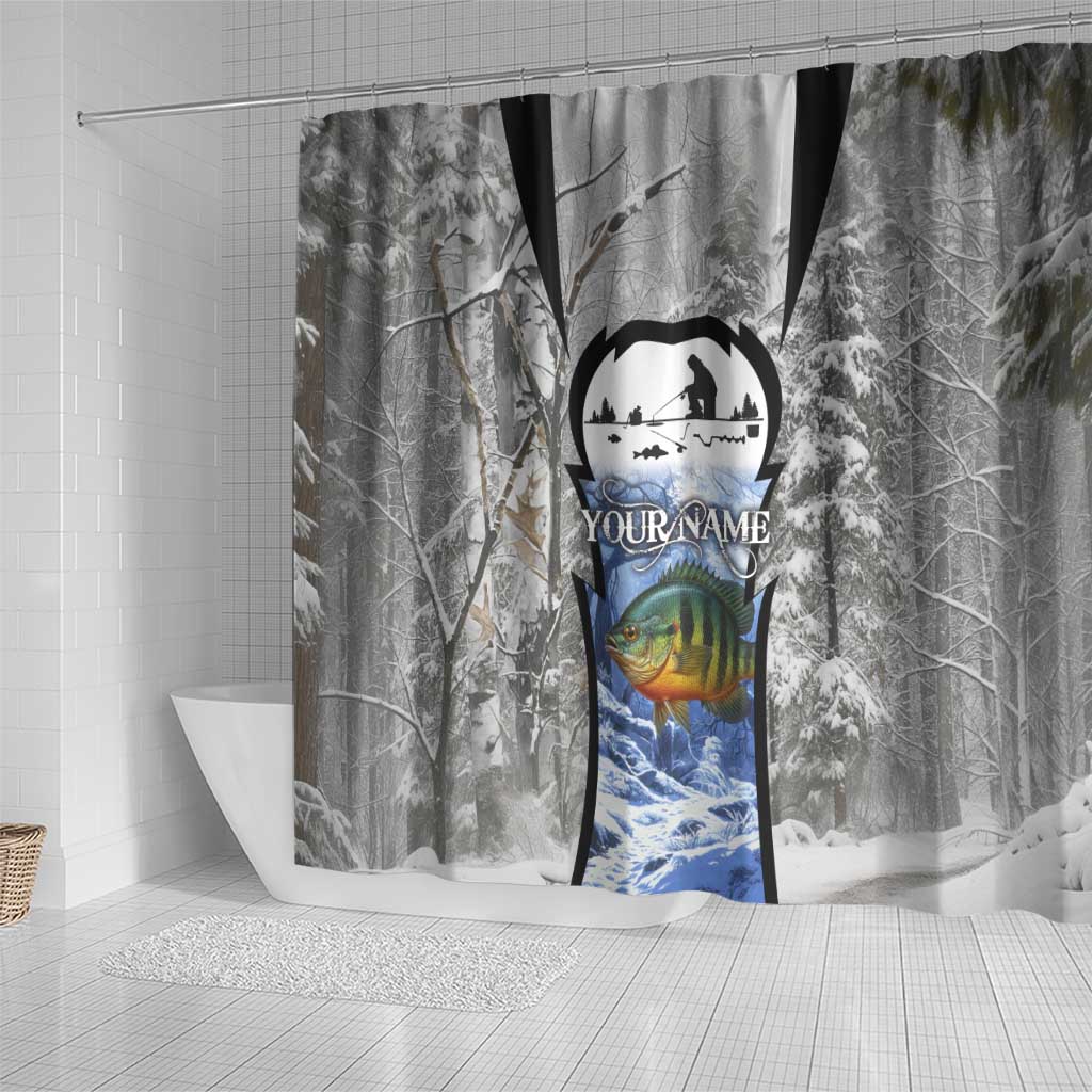 Custom Bluegill Ice Fishing Winter Camo Shower Curtain with Snowy Forest Background Colorful Fish - Wonder Print Shop
