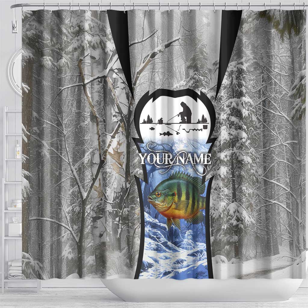 Custom Bluegill Ice Fishing Winter Camo Shower Curtain with Snowy Forest Background Colorful Fish - Wonder Print Shop