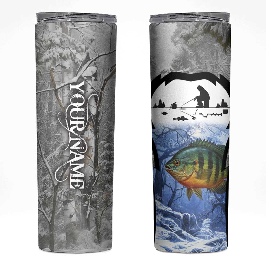 Custom Bluegill Ice Fishing Winter Camo Skinny Tumbler with Snowy Forest Background Colorful Fish - Wonder Print Shop