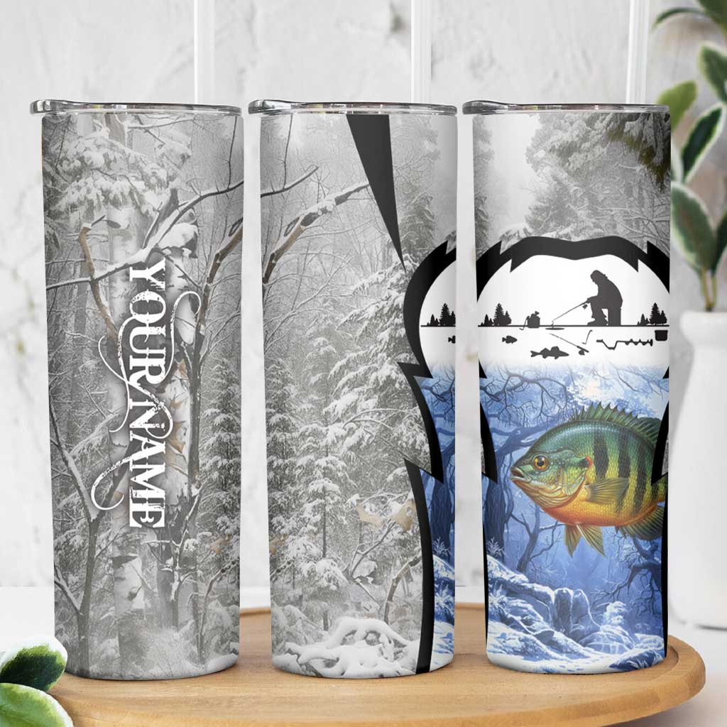 Custom Bluegill Ice Fishing Winter Camo Skinny Tumbler with Snowy Forest Background Colorful Fish - Wonder Print Shop