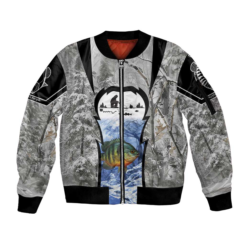 Custom Bluegill Ice Fishing Winter Camo Sleeve Zip Bomber Jacket with Snowy Forest Background Colorful Fish - Wonder Print Shop