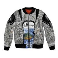 Custom Bluegill Ice Fishing Winter Camo Sleeve Zip Bomber Jacket with Snowy Forest Background Colorful Fish - Wonder Print Shop