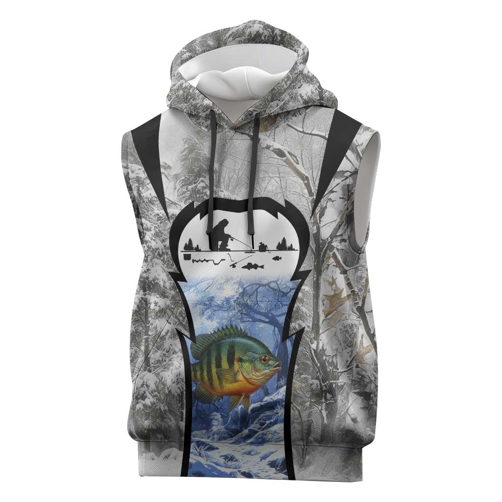 Custom Bluegill Ice Fishing Winter Camo Sleeveless Hoodie with Snowy Forest Background Colorful Fish - Wonder Print Shop