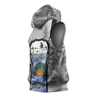 Custom Bluegill Ice Fishing Winter Camo Sleeveless Hoodie with Snowy Forest Background Colorful Fish - Wonder Print Shop