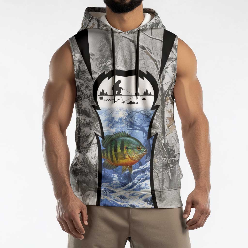 Custom Bluegill Ice Fishing Winter Camo Sleeveless Hoodie with Snowy Forest Background Colorful Fish - Wonder Print Shop