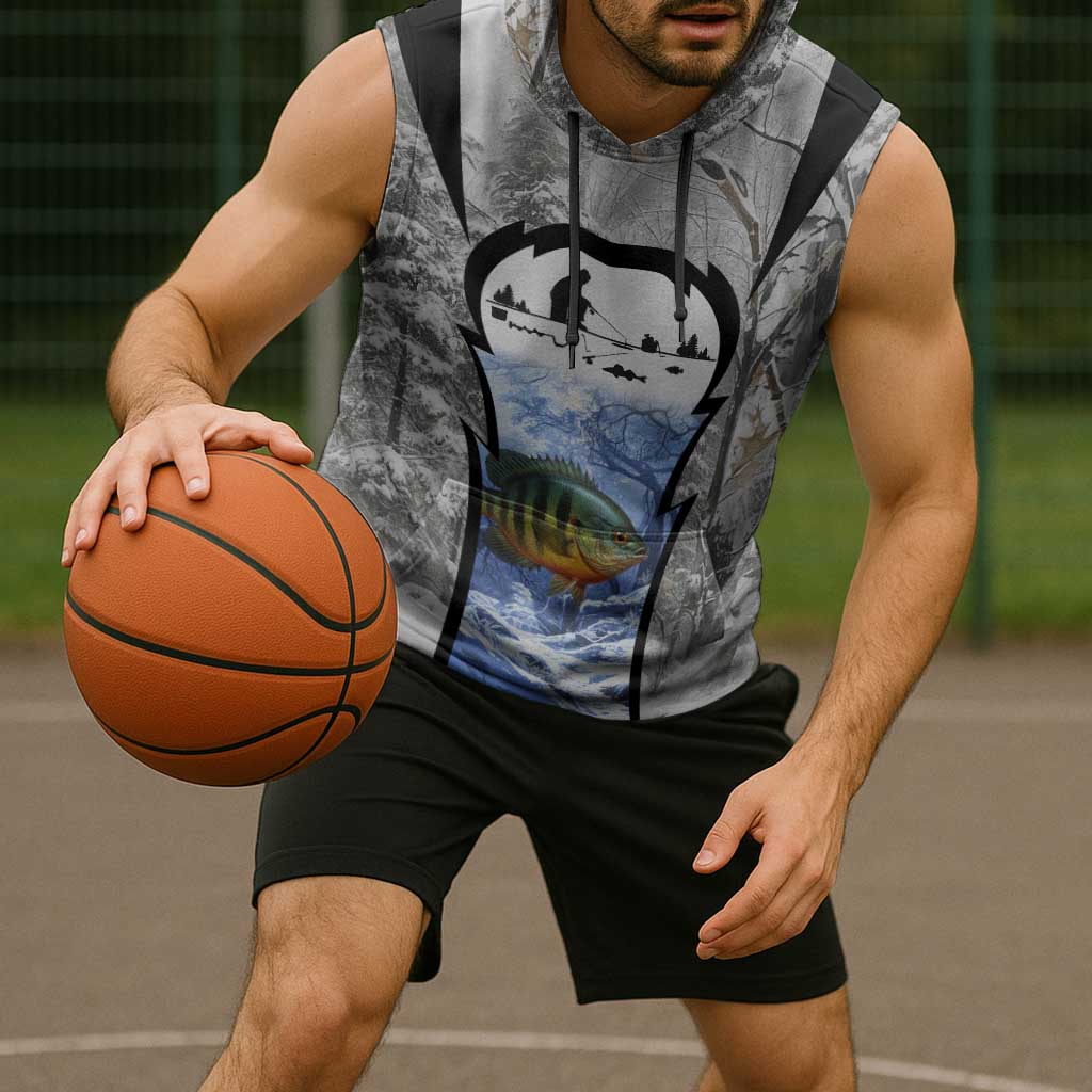 Custom Bluegill Ice Fishing Winter Camo Sleeveless Hoodie with Snowy Forest Background Colorful Fish - Wonder Print Shop