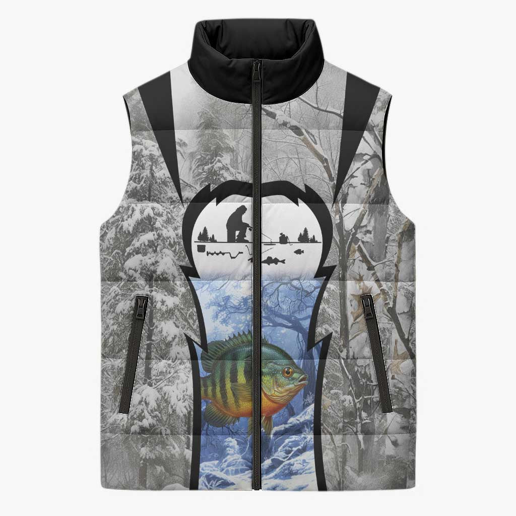 Custom Bluegill Ice Fishing Winter Camo Sleeveless Puffer Jacket with Snowy Forest Background Colorful Fish - Wonder Print Shop