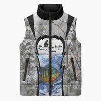 Custom Bluegill Ice Fishing Winter Camo Sleeveless Puffer Jacket with Snowy Forest Background Colorful Fish - Wonder Print Shop
