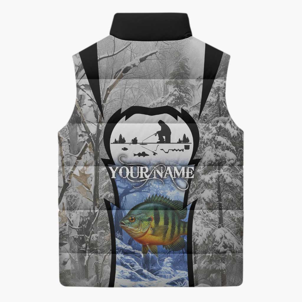 Custom Bluegill Ice Fishing Winter Camo Sleeveless Puffer Jacket with Snowy Forest Background Colorful Fish - Wonder Print Shop
