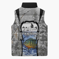 Custom Bluegill Ice Fishing Winter Camo Sleeveless Puffer Jacket with Snowy Forest Background Colorful Fish - Wonder Print Shop