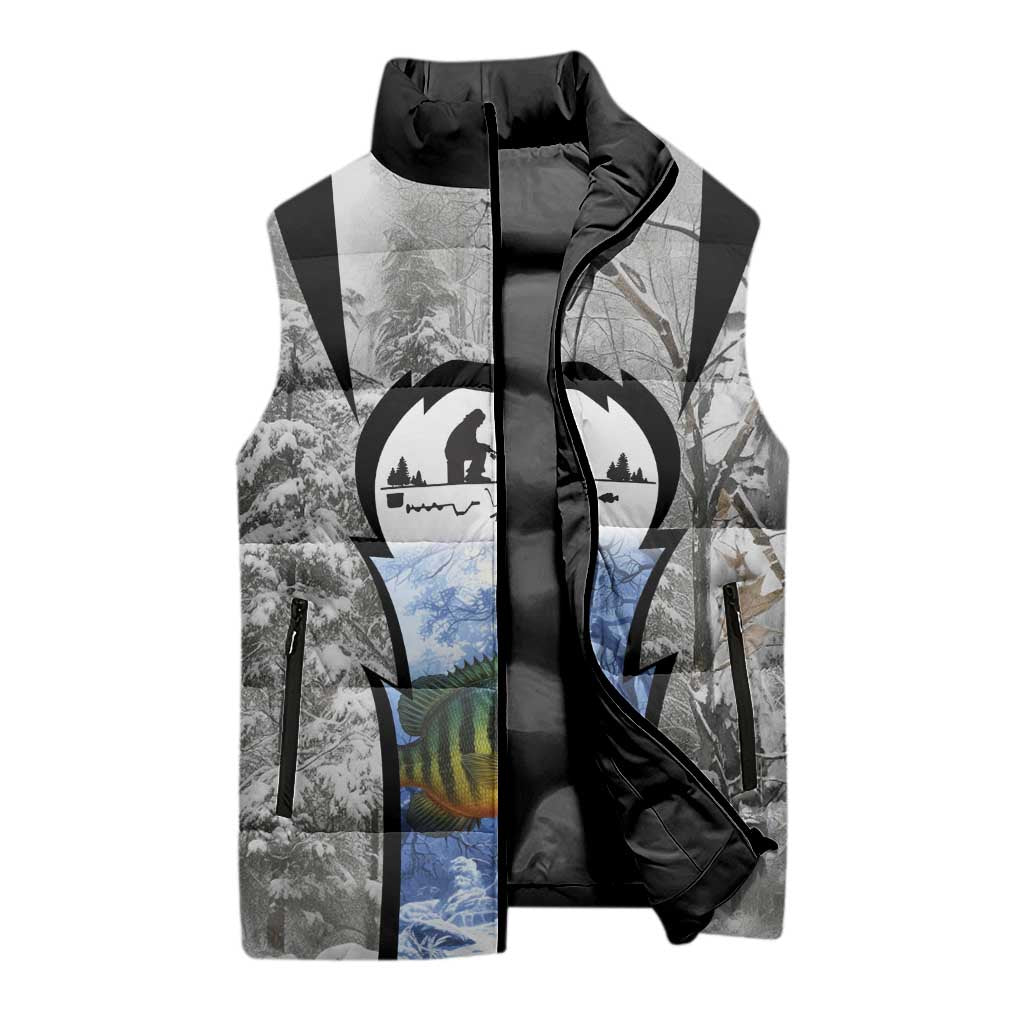 Custom Bluegill Ice Fishing Winter Camo Sleeveless Puffer Jacket with Snowy Forest Background Colorful Fish - Wonder Print Shop