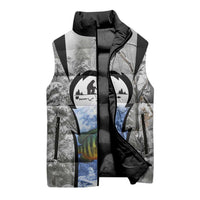 Custom Bluegill Ice Fishing Winter Camo Sleeveless Puffer Jacket with Snowy Forest Background Colorful Fish - Wonder Print Shop