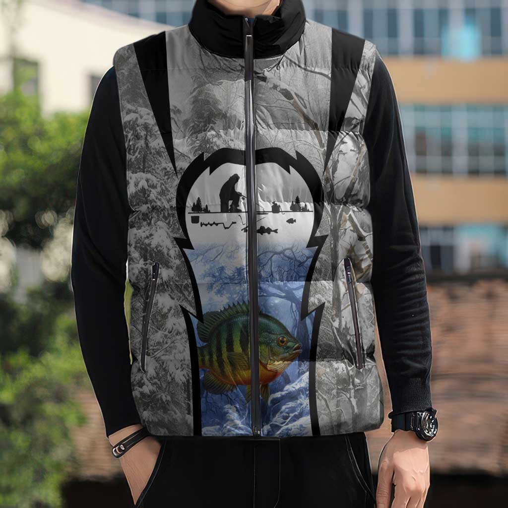Custom Bluegill Ice Fishing Winter Camo Sleeveless Puffer Jacket with Snowy Forest Background Colorful Fish - Wonder Print Shop