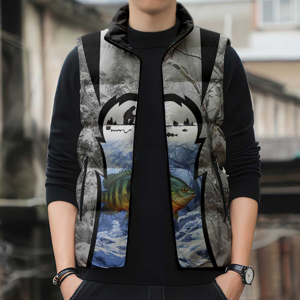 Custom Bluegill Ice Fishing Winter Camo Sleeveless Puffer Jacket with Snowy Forest Background Colorful Fish - Wonder Print Shop
