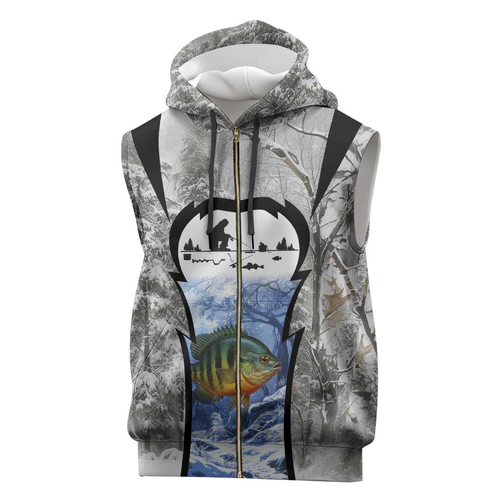 Custom Bluegill Ice Fishing Winter Camo Sleeveless Zip Hoodie with Snowy Forest Background Colorful Fish - Wonder Print Shop