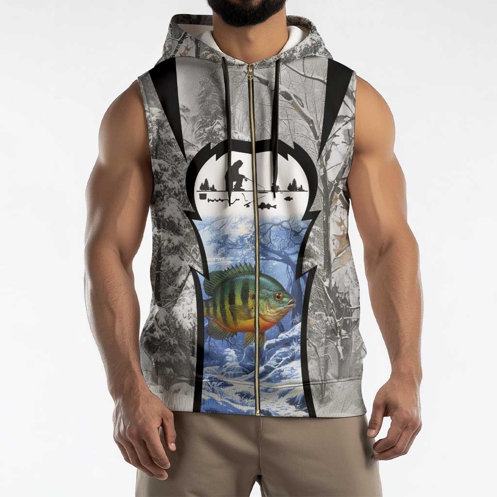Custom Bluegill Ice Fishing Winter Camo Sleeveless Zip Hoodie with Snowy Forest Background Colorful Fish - Wonder Print Shop