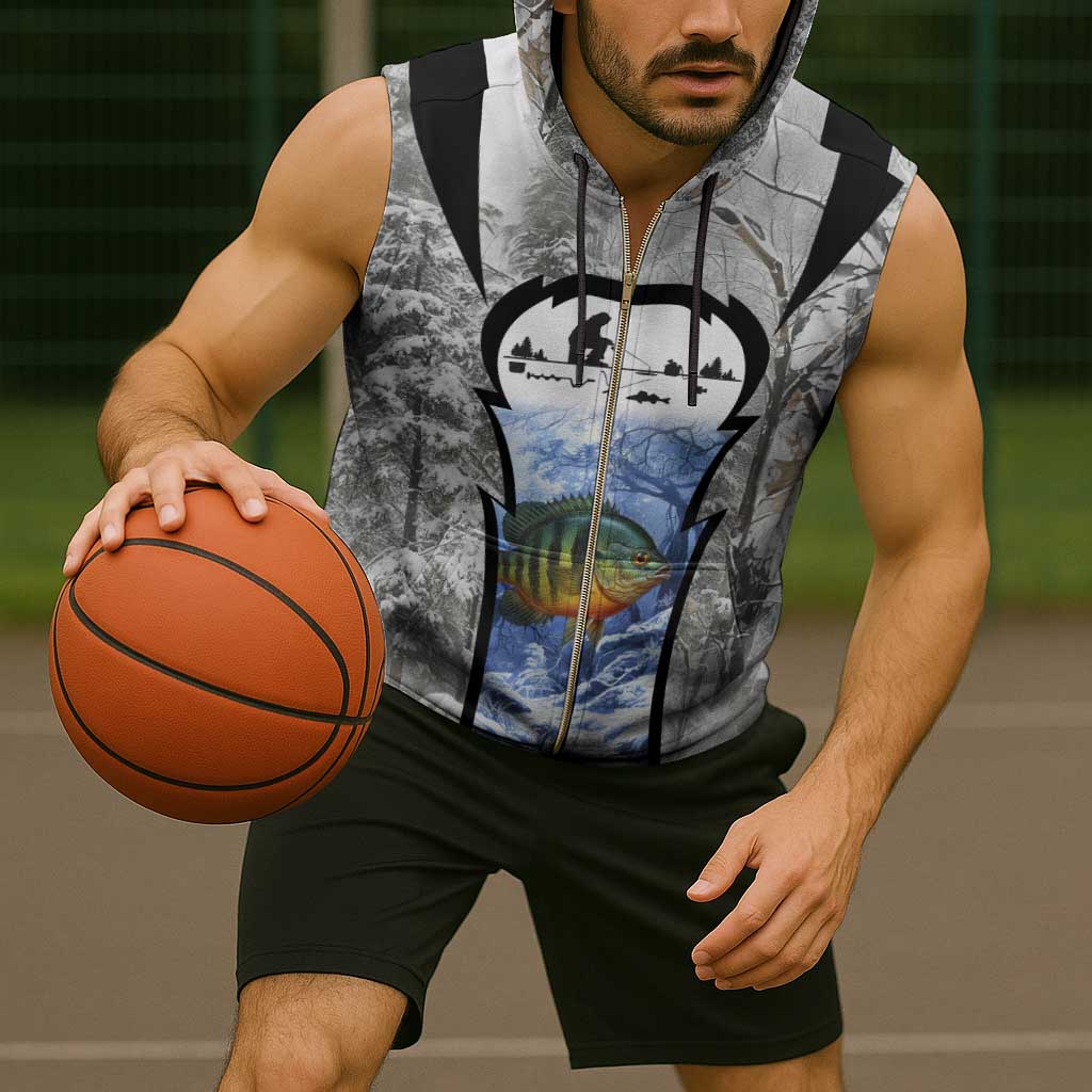 Custom Bluegill Ice Fishing Winter Camo Sleeveless Zip Hoodie with Snowy Forest Background Colorful Fish - Wonder Print Shop
