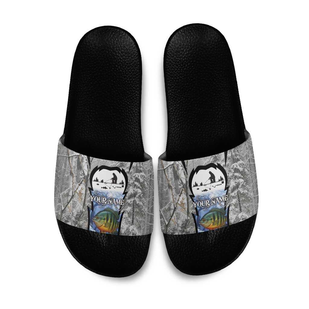 Custom Bluegill Ice Fishing Winter Camo Slide Sandals with Snowy Forest Background Colorful Fish - Wonder Print Shop