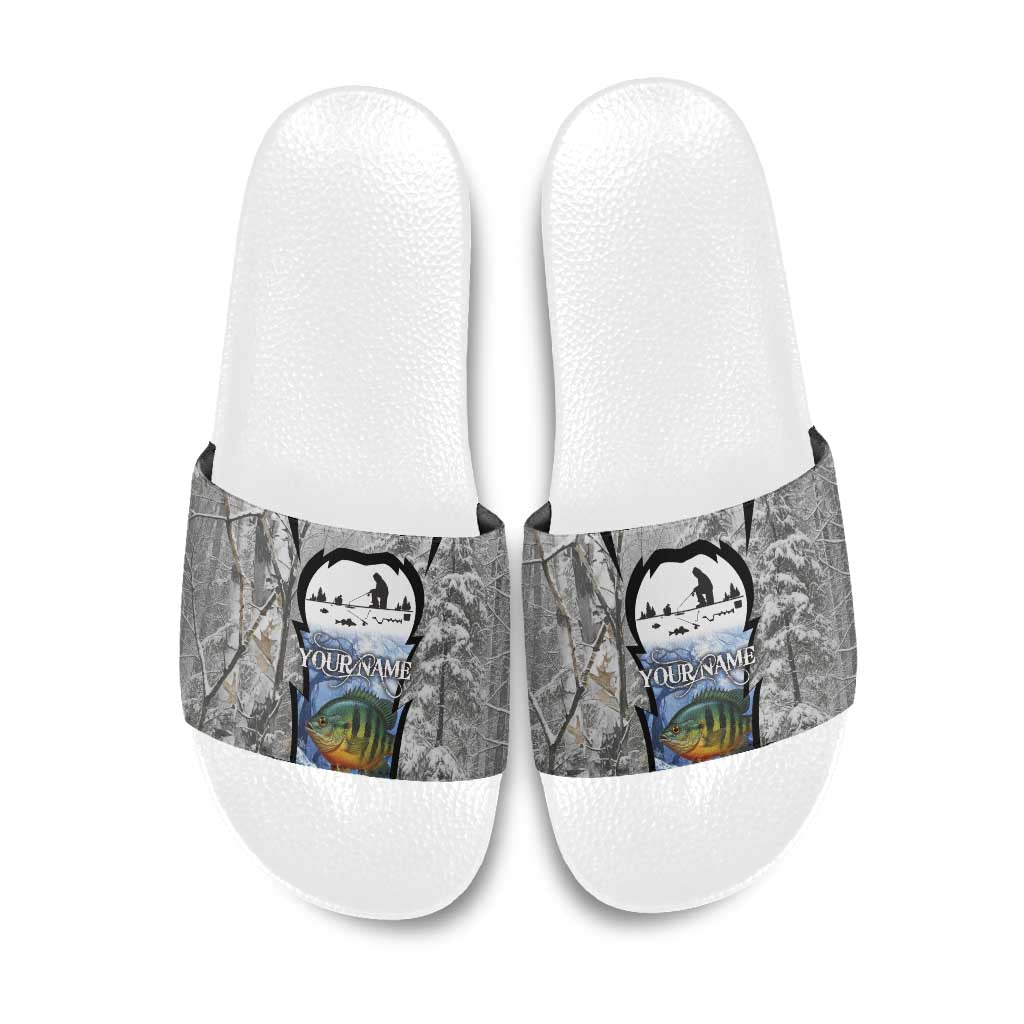 Custom Bluegill Ice Fishing Winter Camo Slide Sandals with Snowy Forest Background Colorful Fish - Wonder Print Shop