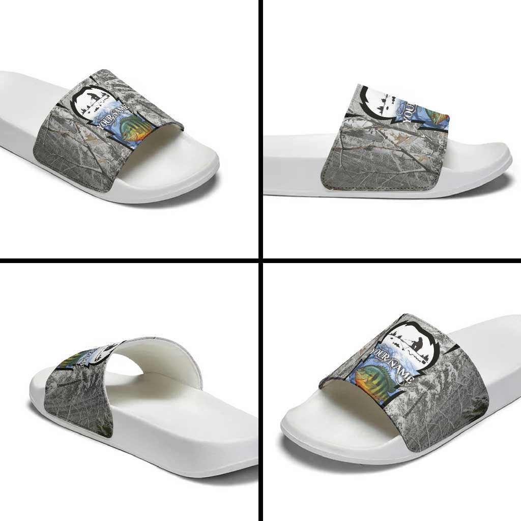 Custom Bluegill Ice Fishing Winter Camo Slide Sandals with Snowy Forest Background Colorful Fish - Wonder Print Shop