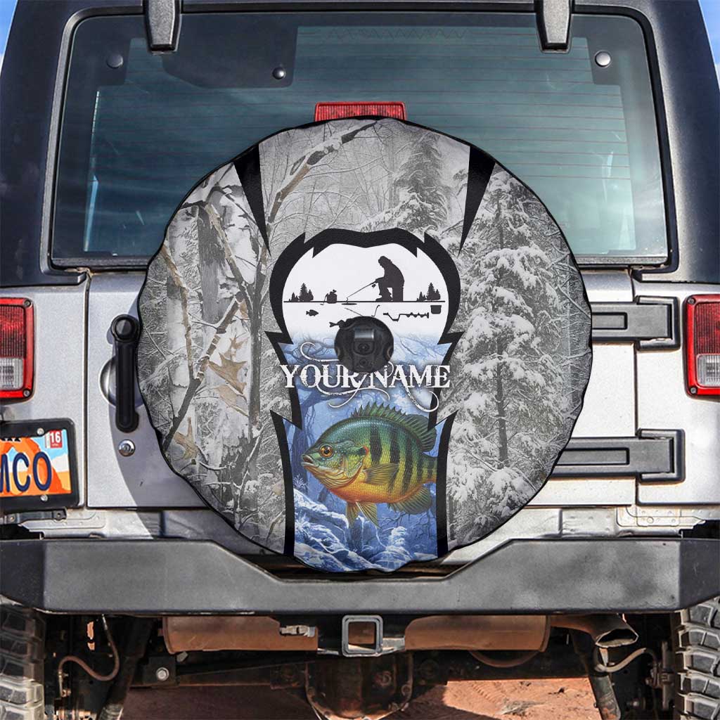 Custom Bluegill Ice Fishing Winter Camo Spare Tire Cover with Snowy Forest Background Colorful Fish - Wonder Print Shop