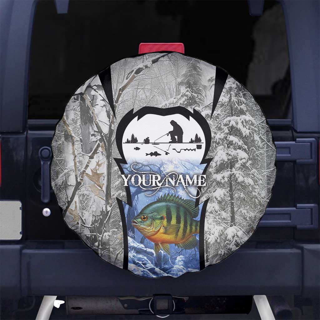 Custom Bluegill Ice Fishing Winter Camo Spare Tire Cover with Snowy Forest Background Colorful Fish - Wonder Print Shop
