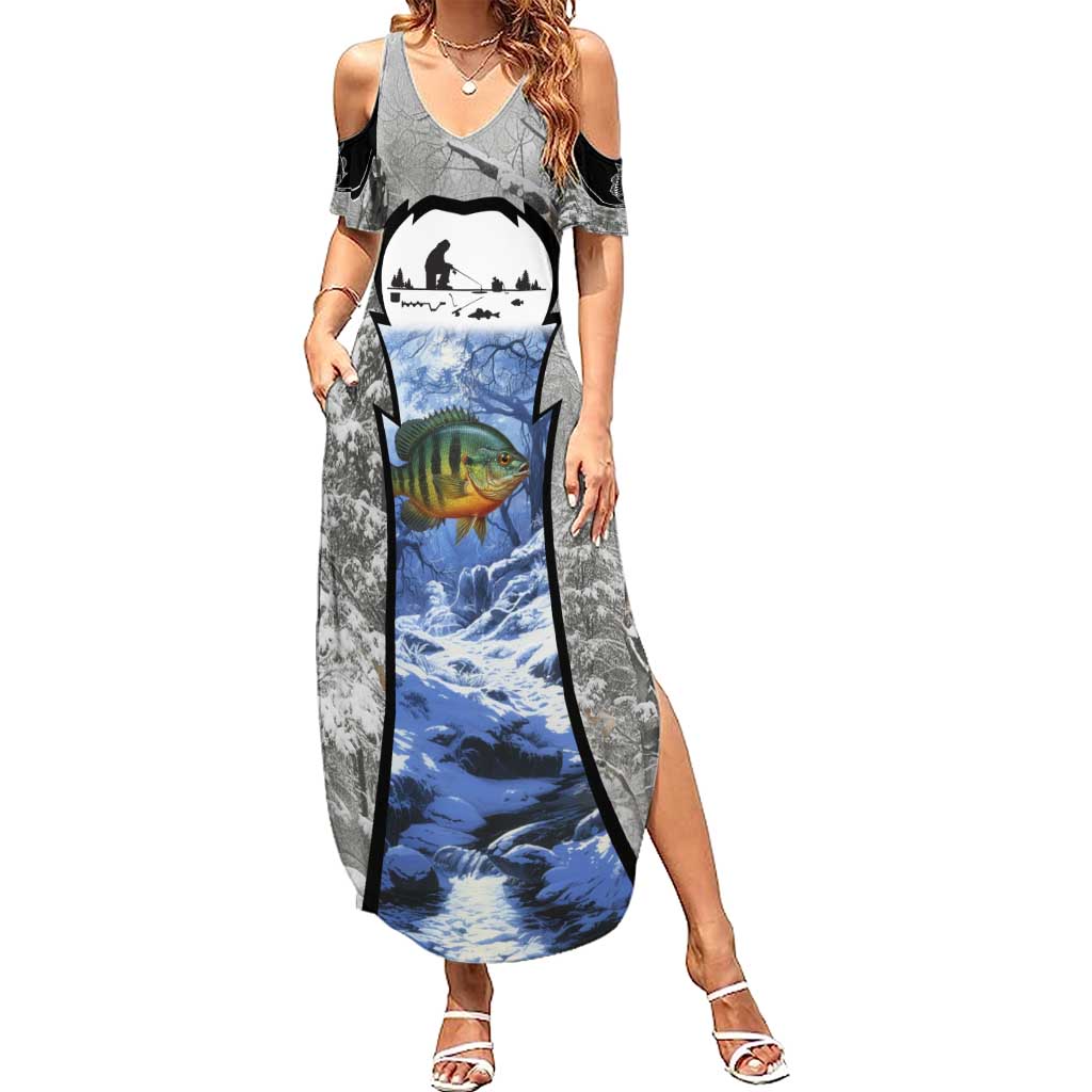 Custom Bluegill Ice Fishing Winter Camo Summer Maxi Dress with Snowy Forest Background Colorful Fish - Wonder Print Shop