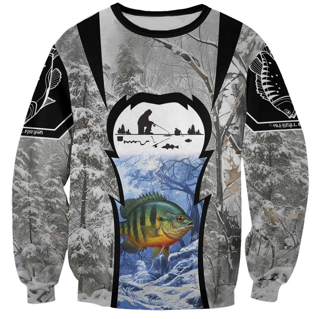 Custom Bluegill Ice Fishing Winter Camo Sweatshirt with Snowy Forest Background Colorful Fish - Wonder Print Shop