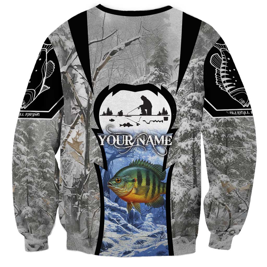 Custom Bluegill Ice Fishing Winter Camo Sweatshirt with Snowy Forest Background Colorful Fish - Wonder Print Shop