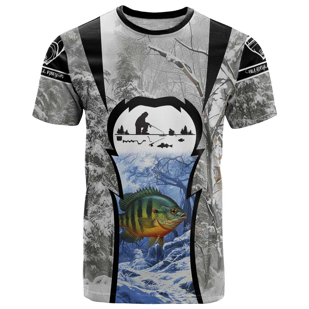 Custom Bluegill Ice Fishing Winter Camo T Shirt with Snowy Forest Background Colorful Fish - Wonder Print Shop