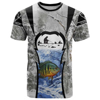 Custom Bluegill Ice Fishing Winter Camo T Shirt with Snowy Forest Background Colorful Fish - Wonder Print Shop
