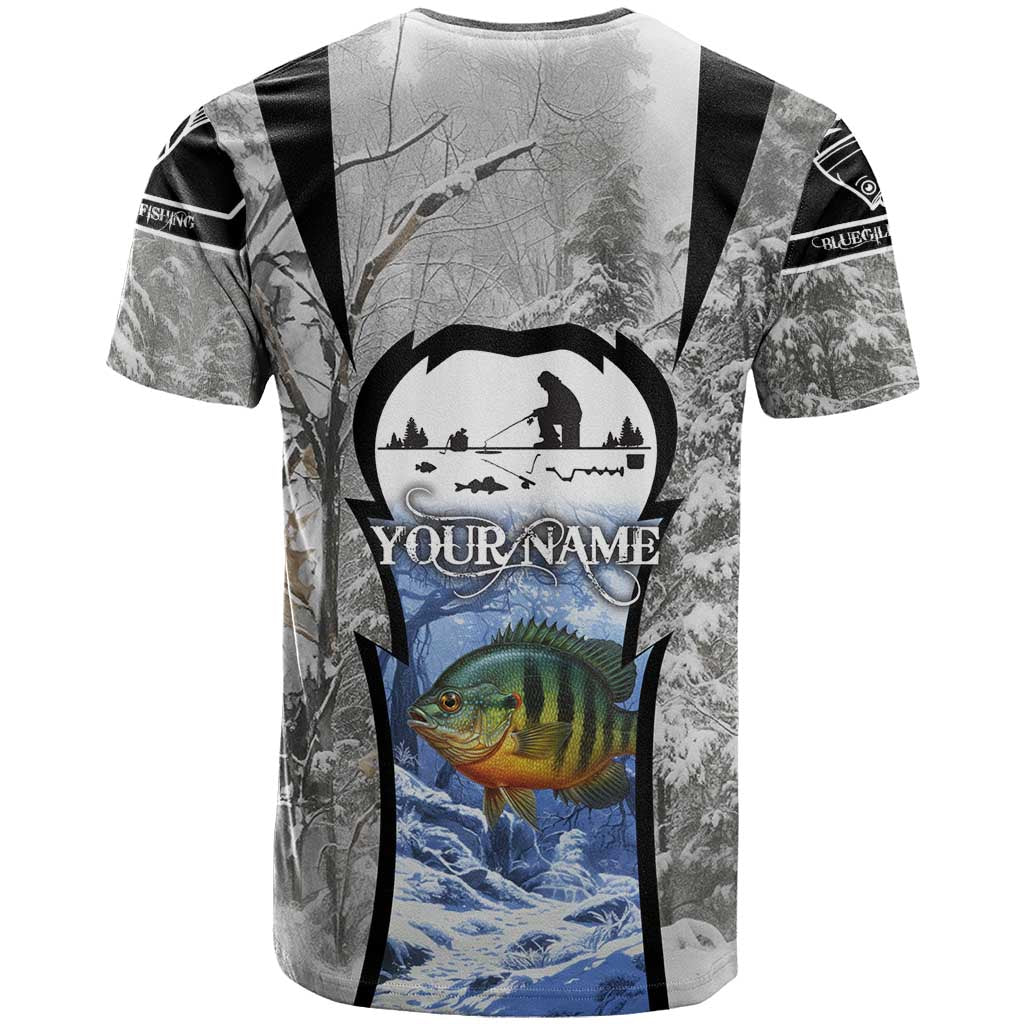 Custom Bluegill Ice Fishing Winter Camo T Shirt with Snowy Forest Background Colorful Fish - Wonder Print Shop