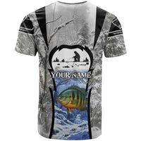 Custom Bluegill Ice Fishing Winter Camo T Shirt with Snowy Forest Background Colorful Fish - Wonder Print Shop