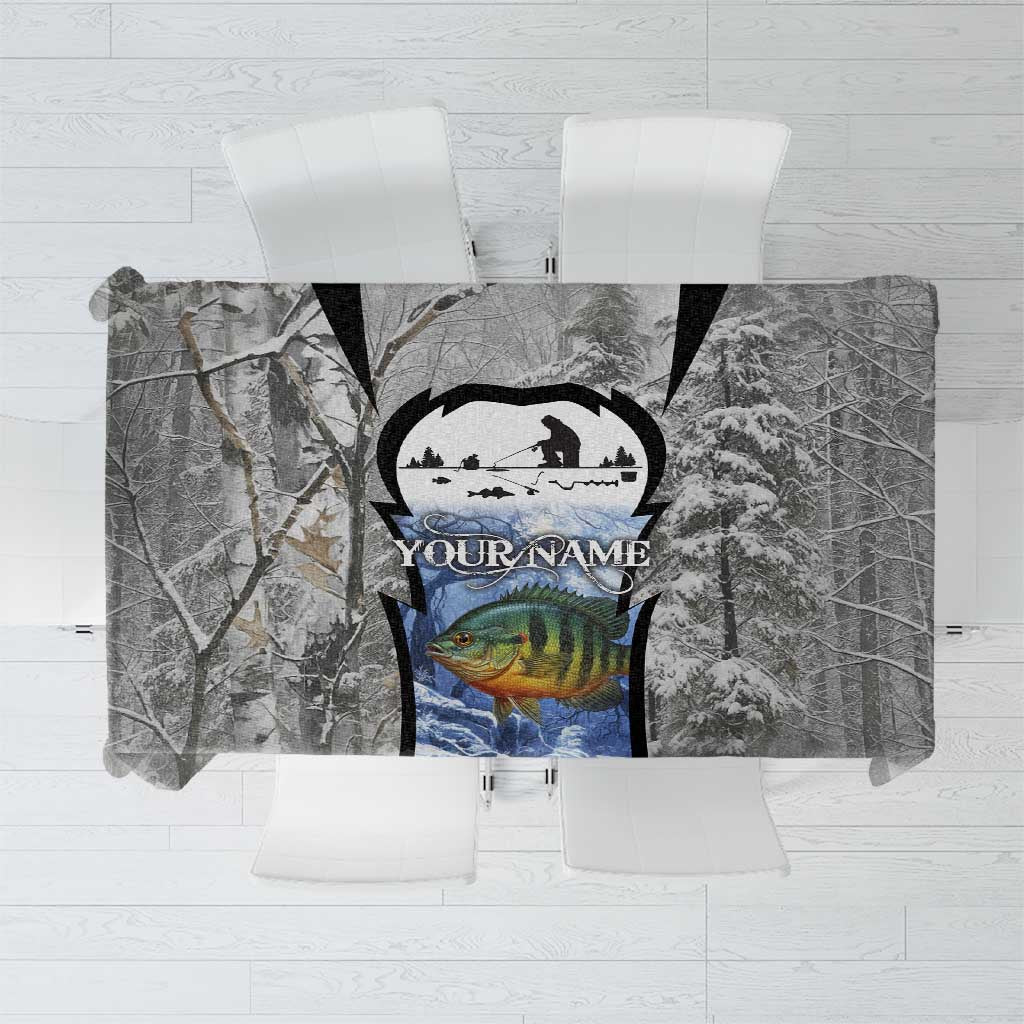 Custom Bluegill Ice Fishing Winter Camo Tablecloth with Snowy Forest Background Colorful Fish - Wonder Print Shop