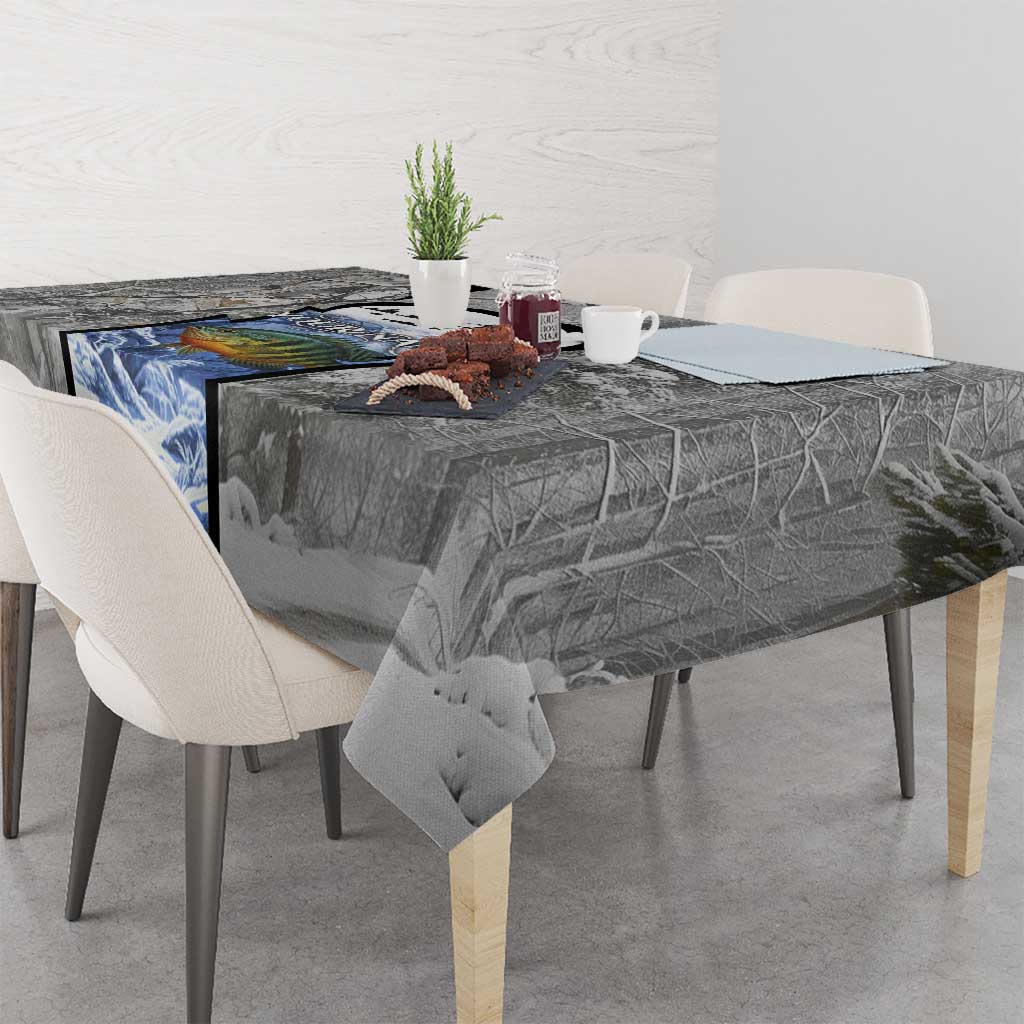 Custom Bluegill Ice Fishing Winter Camo Tablecloth with Snowy Forest Background Colorful Fish - Wonder Print Shop